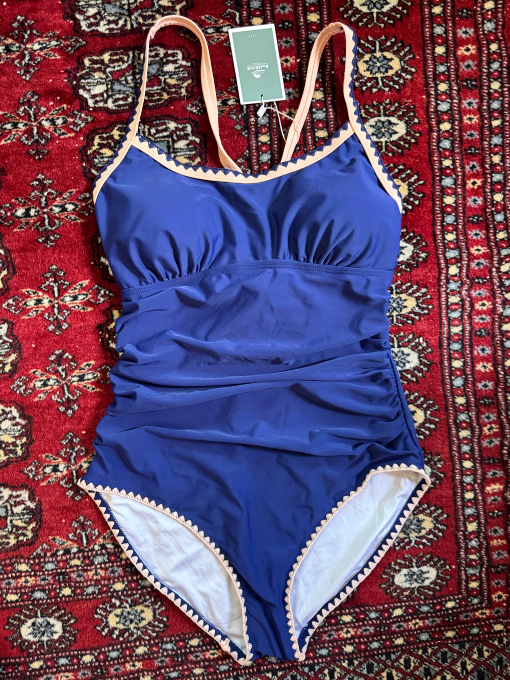 New One-Piece Swimsuit in Navy with Pink Trim Adjustable Ruched Size Medium